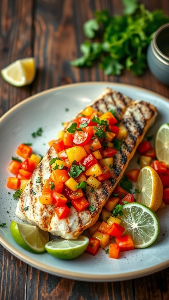 Grilled sea bass fillet with bell pepper salsa on a rustic table.